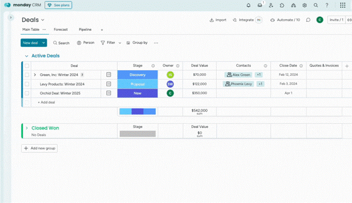 monday CRM - Deals pipeline view