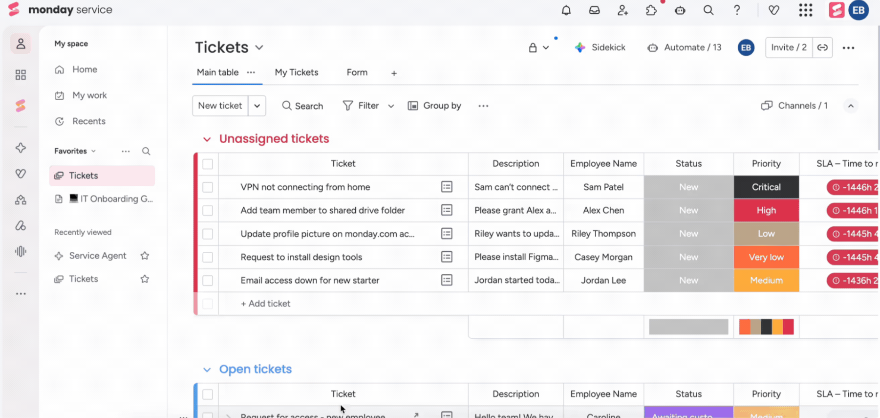 Monday Service AI-powered ticket board