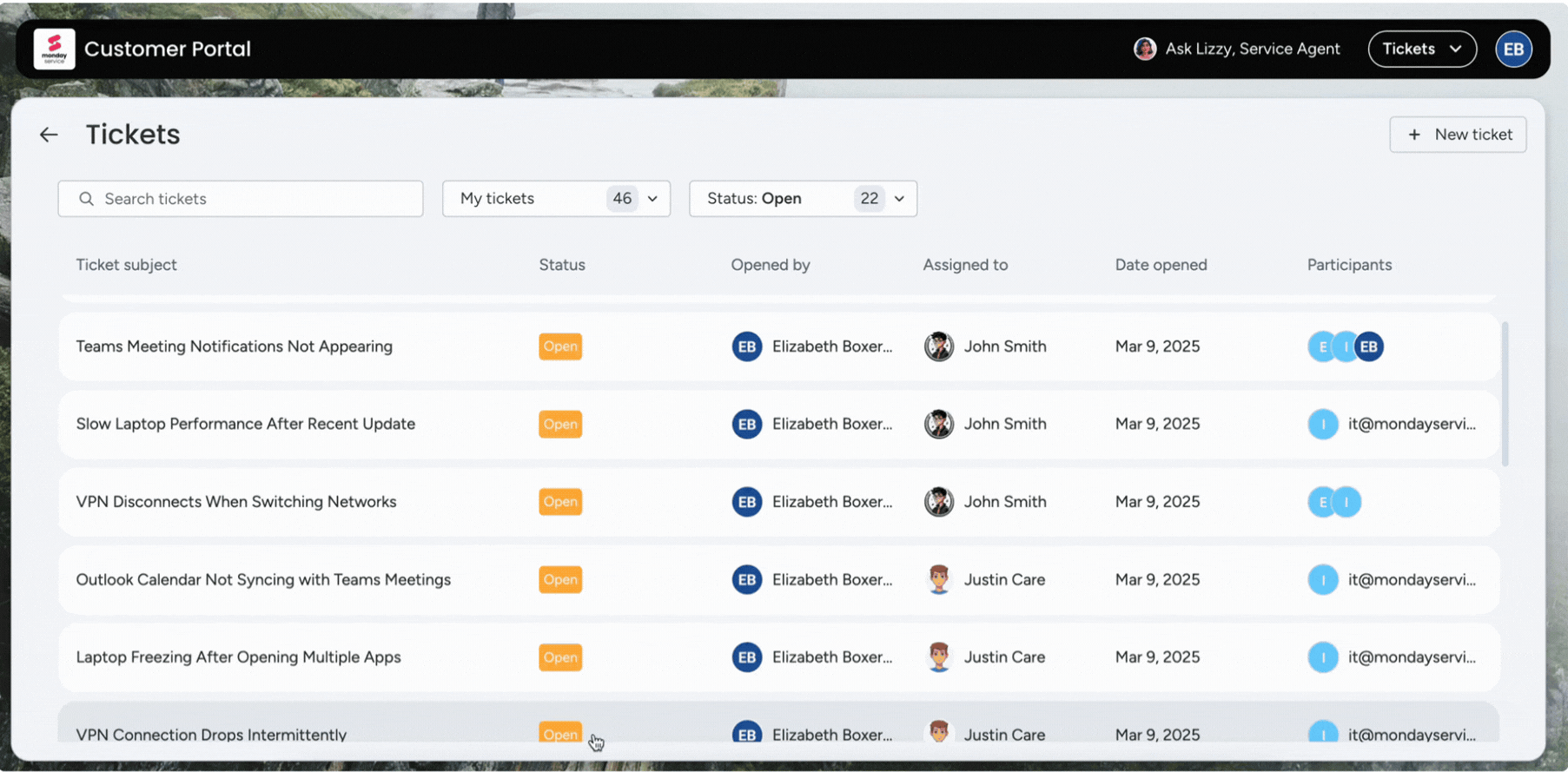 My Tickets view within the Customer Portal